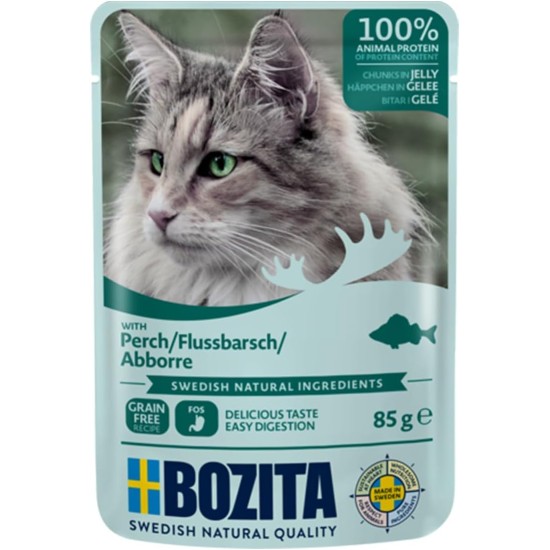 Bozita Pouch Wet Food Appetizers in Jelly with Perch - 12 x 85 g Portion Bag Grain-Free & Wheat Free Food for Cats - Wet Cat Food for Adult Cats with 8.5% Protein & 4.5% Fat Content Bozita Pouch Wet Food Appetizers in Jelly with Perch - 12 x 85 g Portion Bag Grain-Free & Wheat Free Food for Cats - Wet Cat Food for Adult Cats with 8.5% Protein & 4.5% Fat Content