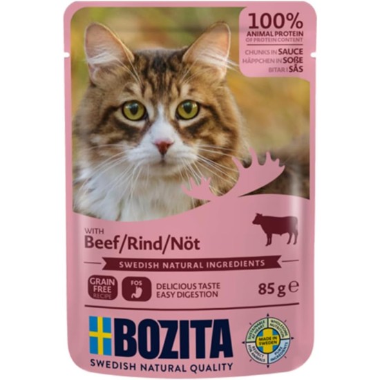 Bozita Pouch Wet Food Appetizers in Sauce with Beef - 12 x 85 g Portion Bag Grain-Free & Wheat Free Food for Cats - Wet Cat Food for Adult Cats with 8.5% Protein & 4.5% Fat Content Bozita Pouch Wet Food Appetizers in Sauce with Beef - 12 x 85 g Portion Bag Grain-Free & Wheat Free Food for Cats - Wet Cat Food for Adult Cats with 8.5% Protein & 4.5% Fat Content