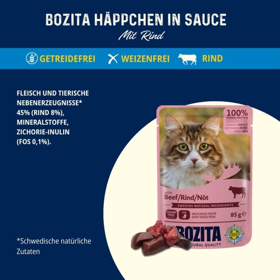 Bozita Pouch Wet Food Appetizers in Sauce with Beef - 12 x 85 g Portion Bag Grain-Free & Wheat Free Food for Cats - Wet Cat Food for Adult Cats with 8.5% Protein & 4.5% Fat Content Bozita Pouch Wet Food Appetizers in Sauce with Beef - 12 x 85 g Portion Bag Grain-Free & Wheat Free Food for Cats - Wet Cat Food for Adult Cats with 8.5% Protein & 4.5% Fat Content