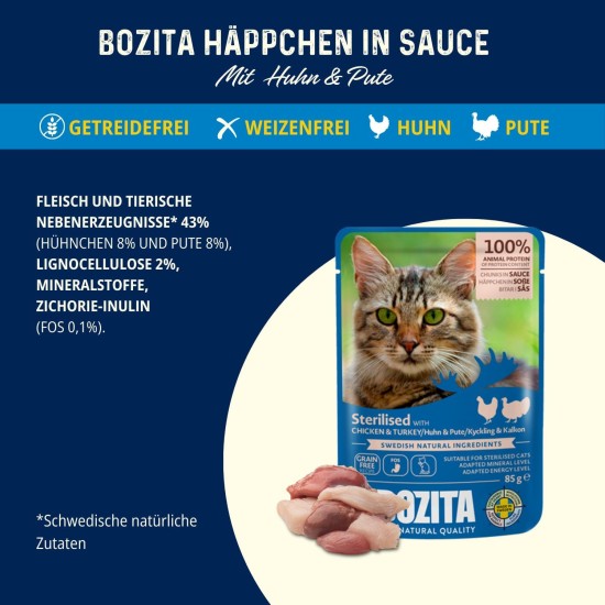 Bozita Pouch Wet Food Appetizers in Sauce with Beef - 12 x 85 g Portion Bag Grain-Free & Wheat Free Food for Cats - Wet Cat Food for Adult Cats with 8.5% Protein & 4.5% Fat Content Bozita Pouch Wet Food Appetizers in Sauce with Beef - 12 x 85 g Portion Bag Grain-Free & Wheat Free Food for Cats - Wet Cat Food for Adult Cats with 8.5% Protein & 4.5% Fat Content