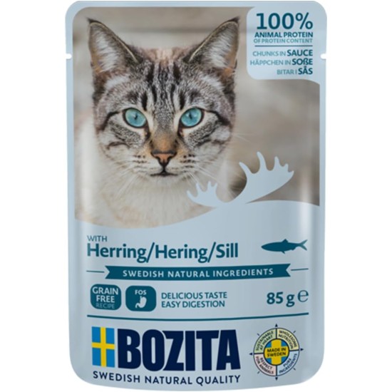 Bozita Pouch Wet Food Appetizers in Sauce with Herring - 12 x 85 g Portion Bag Grain-Free & Wheat Free Food for Cats - Wet Cat Food for Adult Cats with 8.5% Protein & 4.5% Fat Content Bozita Pouch Wet Food Appetizers in Sauce with Herring - 12 x 85 g Portion Bag Grain-Free & Wheat Free Food for Cats - Wet Cat Food for Adult Cats with 8.5% Protein & 4.5% Fat Content