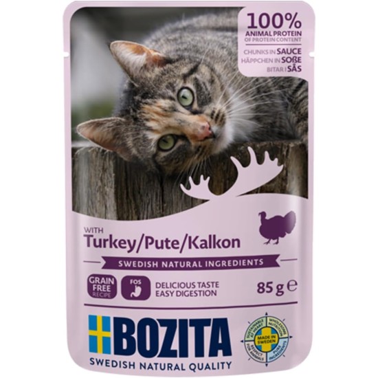 Bozita Pouch Wet Food Appetizers in Sauce with Turkey - 12 x 85 g Portion Bag Grain-Free & Wheat Free Food for Cats - Wet Cat Food for Adult Cats with 8.5% Protein & 4.5% Fat Content Bozita Pouch Wet Food Appetizers in Sauce with Turkey - 12 x 85 g Portion Bag Grain-Free & Wheat Free Food for Cats - Wet Cat Food for Adult Cats with 8.5% Protein & 4.5% Fat Content