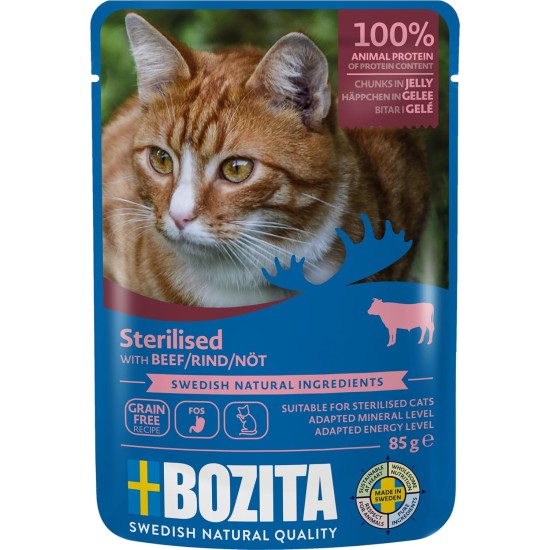 Bozita Sterilised Wet Food Appetizers in Jelly with Beef - 12 x 85 g Portion Bag Grain-Free & Wheat Free Food for Cats - Cats Wet Food with 8.5% Protein & 3.5% Fat Content Bozita Sterilised Wet Food Appetizers in Jelly with Beef - 12 x 85 g Portion Bag Grain-Free & Wheat Free Food for Cats - Cats Wet Food with 8.5% Protein & 3.5% Fat Content