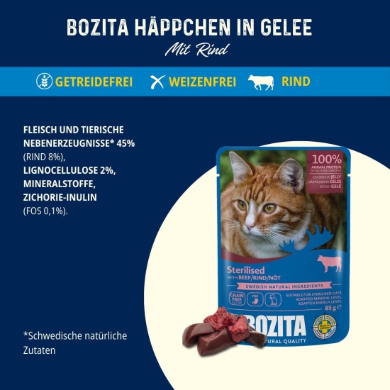 Bozita Sterilised Wet Food Appetizers in Jelly with Beef - 12 x 85 g Portion Bag Grain-Free & Wheat Free Food for Cats - Cats Wet Food with 8.5% Protein & 3.5% Fat Content Bozita Sterilised Wet Food Appetizers in Jelly with Beef - 12 x 85 g Portion Bag Grain-Free & Wheat Free Food for Cats - Cats Wet Food with 8.5% Protein & 3.5% Fat Content