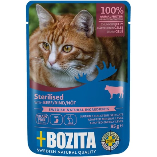 Bozita Sterilised Wet Food Appetizers in Jelly with Beef - 12 x 85 g Portion Bag Grain-Free & Wheat Free Food for Cats - Cats Wet Food with 8.5% Protein & 3.5% Fat Content Bozita Sterilised Wet Food Appetizers in Jelly with Beef - 12 x 85 g Portion Bag Grain-Free & Wheat Free Food for Cats - Cats Wet Food with 8.5% Protein & 3.5% Fat Content
