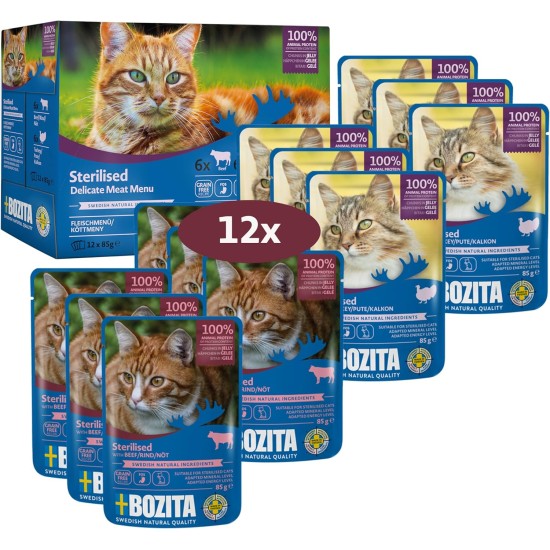 Bozita Sterilised Wet Food Appetizers in Jelly with Meat - 12 x 85 g Portion Bag Grain-Free & Wheat-free Food for Cats - Cats Wet Food with 8.5% Protein & 3.5% Fat Content Bozita Sterilised Wet Food Appetizers in Jelly with Meat - 12 x 85 g Portion Bag Grain-Free & Wheat-free Food for Cats - Cats Wet Food with 8.5% Protein & 3.5% Fat Content
