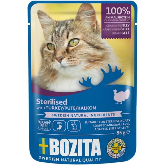 Bozita Sterilised Wet Food Appetizers in Jelly with Turkey - 12 x 85 g Portion Bag Grain-Free & Wheat Free Food for Cats - Cats Wet Food with 8.5% Protein & 3.5% Fat Content Bozita Sterilised Wet Food Appetizers in Jelly with Turkey - 12 x 85 g Portion Bag Grain-Free & Wheat Free Food for Cats - Cats Wet Food with 8.5% Protein & 3.5% Fat Content
