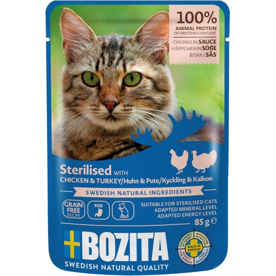 Bozita Sterilised Wet Food Appetizers in Sauce with Chicken and Turkey - 12 x 85 g Portion Bag Grain-Free & Wheat-free Food for Sterilised Cats - Cat Food with 8.5% Protein & 3.5% Fat Content Bozita Sterilised Wet Food Appetizers in Sauce with Chicken and Turkey - 12 x 85 g Portion Bag Grain-Free & Wheat-free Food for Sterilised Cats - Cat Food with 8.5% Protein & 3.5% Fat Content