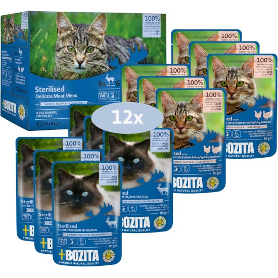 Bozita Sterilised Wet Food Appetizers in Sauce with Meat - 12 x 85 g Portion Bag Grain-Free & Wheat Free Food for Cats - Cats Wet Food with 8.5% Protein & 3.5% Fat Content Bozita Sterilised Wet Food Appetizers in Sauce with Meat - 12 x 85 g Portion Bag Grain-Free & Wheat Free Food for Cats - Cats Wet Food with 8.5% Protein & 3.5% Fat Content
