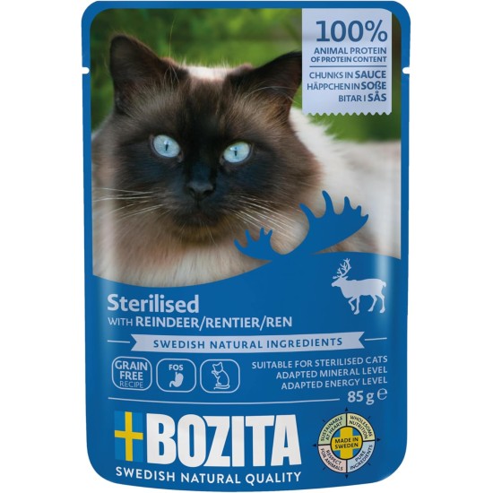 Bozita Sterilised Wet Food Appetizers in Sauce with Reindeer - 12 x 85 g Portion Bag Grain-Free & Wheat Free Food for Cats - Cats Wet Food with 8.5% Protein & 3.5% Fat Content Bozita Sterilised Wet Food Appetizers in Sauce with Reindeer - 12 x 85 g Portion Bag Grain-Free & Wheat Free Food for Cats - Cats Wet Food with 8.5% Protein & 3.5% Fat Content