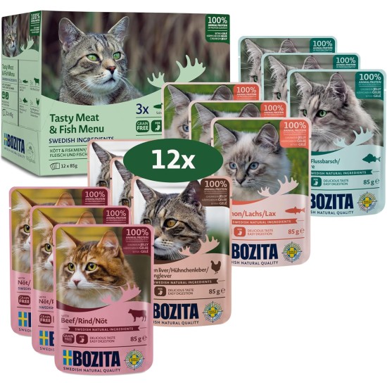 Bozita Wet Food Appetizers in Jelly with Fish and Meat, 12 x 85 g Portion Bag, Grain-Free & Wheat-free Food for Cats, Wet Cat Food for Adult Cats with 8.5% Protein & 4.5% Fat Content Bozita Wet Food Appetizers in Jelly with Fish and Meat, 12 x 85 g Portion Bag, Grain-Free & Wheat-free Food for Cats, Wet Cat Food for Adult Cats with 8.5% Protein & 4.5% Fat Content