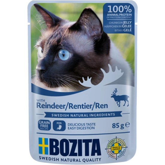 Bozita Wet Food Appetizers in Jelly with Reindeer - 12 x 85 g Portion Bag Grain-Free & Wheat Free Food for Cats - Wet Cat Food for Adult Cats with 8.5% Protein & 4.5% Fat Content Bozita Wet Food Appetizers in Jelly with Reindeer - 12 x 85 g Portion Bag Grain-Free & Wheat Free Food for Cats - Wet Cat Food for Adult Cats with 8.5% Protein & 4.5% Fat Content
