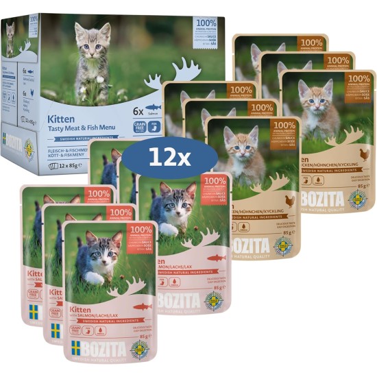 Bozita Wet Food Appetizers in Sauce with Fish and Meat - 12 x 85 g Portion Bag Grain-Free & Wheat-free Food for Cats - Wet Cat Food for Adult Cats with 8.5% Protein & 4.5% Fat Content Bozita Wet Food Appetizers in Sauce with Fish and Meat - 12 x 85 g Portion Bag Grain-Free & Wheat-free Food for Cats - Wet Cat Food for Adult Cats with 8.5% Protein & 4.5% Fat Content