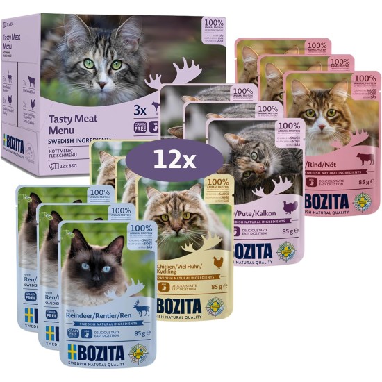 Bozita Wet Food Appetizers in Sauce with Meat - 12 x 85 g Portion Bag Grain-Free & Wheat Free Food for Cats - Wet Cat Food for Adult Cats with 8.5% Protein & 4.5% Fat Content Bozita Wet Food Appetizers in Sauce with Meat - 12 x 85 g Portion Bag Grain-Free & Wheat Free Food for Cats - Wet Cat Food for Adult Cats with 8.5% Protein & 4.5% Fat Content