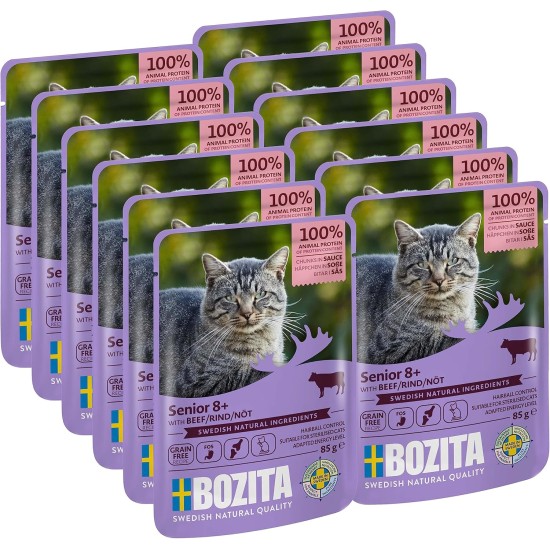 Bozita Wet Food Senior 8+ Appetizers in Sauce with Beef - 12 x 85 g Portion Bag Grain-Free & Wheat Free Food for Cats - Cats Wet Food with 8.5% Protein & 4.5% Fat Content Bozita Wet Food Senior 8+ Appetizers in Sauce with Beef - 12 x 85 g Portion Bag Grain-Free & Wheat Free Food for Cats - Cats Wet Food with 8.5% Protein & 4.5% Fat Content