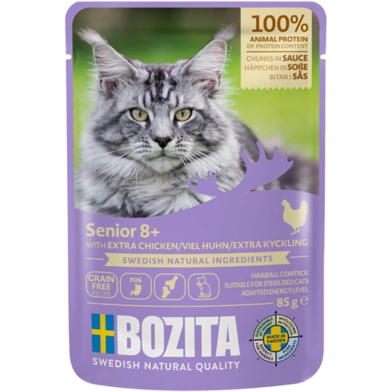 Bozita Wet Food Senior 8+ Appetizers in Sauce with Lots of Chicken - 12 x 85 g Portion Bag Grain-Free & Wheat Free Food for Cats - Cats Wet Food with 8.5% Protein & 4.5% Fat Content