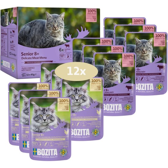 Bozita Wet Food Senior 8+ Appetizers in Sauce with Meat - 12 x 85 g Portion Bag Grain-Free & Wheat Free Food for Cats - Cats Wet Food with 8.5% Protein & 4.5% Fat Content Bozita Wet Food Senior 8+ Appetizers in Sauce with Meat - 12 x 85 g Portion Bag Grain-Free & Wheat Free Food for Cats - Cats Wet Food with 8.5% Protein & 4.5% Fat Content