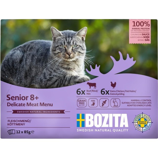 Bozita Wet Food Senior 8+ Appetizers in Sauce with Meat - 12 x 85 g Portion Bag Grain-Free & Wheat Free Food for Cats - Cats Wet Food with 8.5% Protein & 4.5% Fat Content Bozita Wet Food Senior 8+ Appetizers in Sauce with Meat - 12 x 85 g Portion Bag Grain-Free & Wheat Free Food for Cats - Cats Wet Food with 8.5% Protein & 4.5% Fat Content