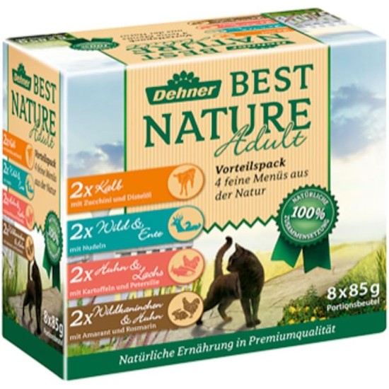 Dehner Best Nature Cat Food Multipack Wet Food Adult Cat Food 2 x Veal Wild Chicken Rabbit 8 x 85g Bags (680g)