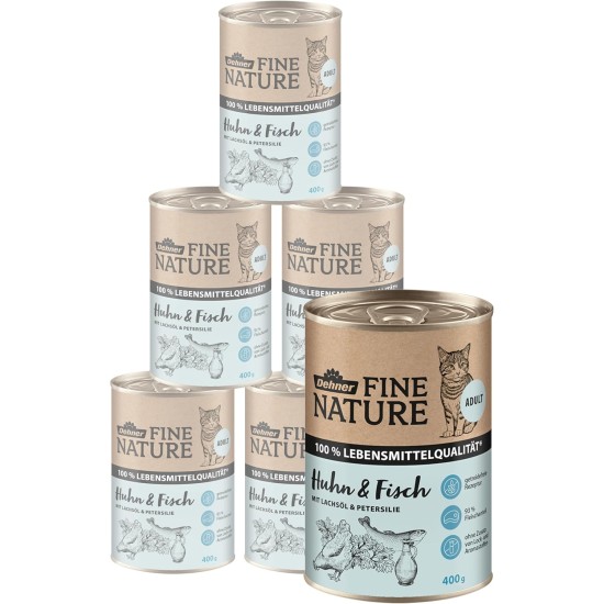 Dehner Fine Nature Cat Food, Wet Food, Grain-Free, for Adult Cats, Chicken, 6 x 400 g Tin (2.4 kg) Dehner Fine Nature Cat Food, Wet Food, Grain-Free, for Adult Cats, Chicken, 6 x 400 g Tin (2.4 kg)