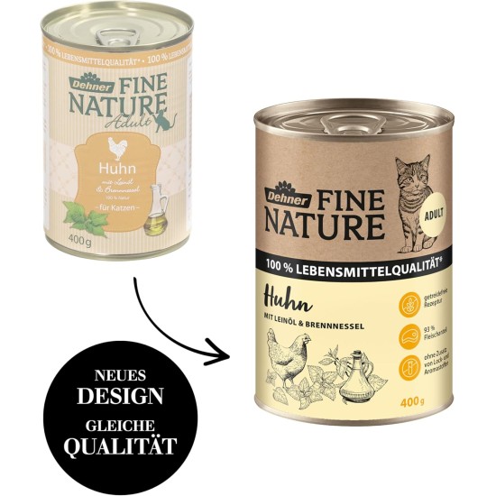 Dehner Fine Nature Cat Food, Wet Food, Grain-Free, for Adult Cats, Chicken, 6 x 400 g Tin (2.4 kg) Dehner Fine Nature Cat Food, Wet Food, Grain-Free, for Adult Cats, Chicken, 6 x 400 g Tin (2.4 kg)