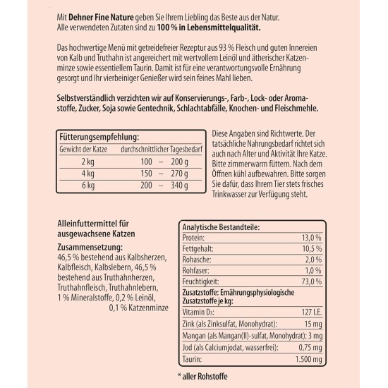 Dehner Fine Nature Cat Food, Wet Food, Grain-Free, for Adult Cats, Chicken, 6 x 400 g Tin (2.4 kg) Dehner Fine Nature Cat Food, Wet Food, Grain-Free, for Adult Cats, Chicken, 6 x 400 g Tin (2.4 kg)