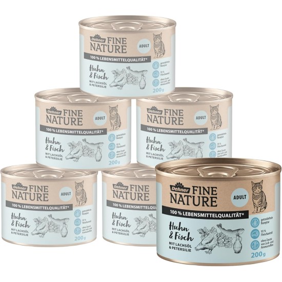 Dehner Fine Nature Cat Food, Wet Food, Grain-Free, for Adult Cats, Chicken, 6 x 400 g Tin (2.4 kg) Dehner Fine Nature Cat Food, Wet Food, Grain-Free, for Adult Cats, Chicken, 6 x 400 g Tin (2.4 kg)