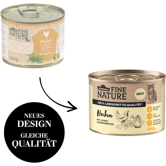 Dehner Fine Nature Cat Food, Wet Food, Grain-Free, for Adult Cats, Chicken, 6 x 400 g Tin (2.4 kg) Dehner Fine Nature Cat Food, Wet Food, Grain-Free, for Adult Cats, Chicken, 6 x 400 g Tin (2.4 kg)