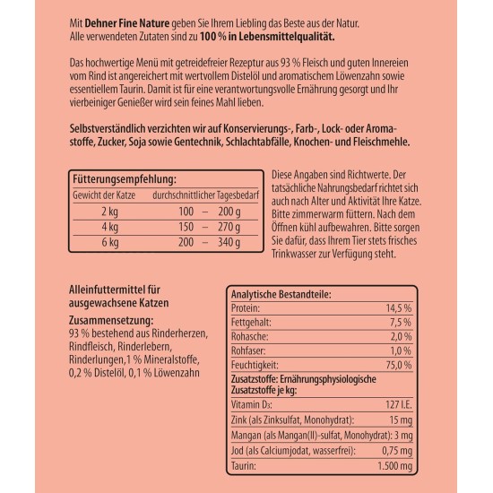 Dehner Fine Nature Cat Food, Wet Food, Grain-Free, for Adult Cats, Chicken, 6 x 400 g Tin (2.4 kg) Dehner Fine Nature Cat Food, Wet Food, Grain-Free, for Adult Cats, Chicken, 6 x 400 g Tin (2.4 kg)