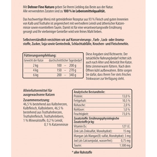 Dehner Fine Nature Cat Food, food grade quality, Calf, 6 x 400g (2400g) Dehner Fine Nature Cat Food, food grade quality, Calf, 6 x 400g (2400g)
