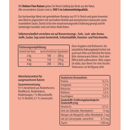 Dehner Fine Nature Cat Food, food grade quality, Calf, 6 x 400g (2400g) Dehner Fine Nature Cat Food, food grade quality, Calf, 6 x 400g (2400g)