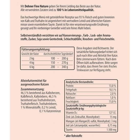 Dehner Fine Nature Cat Food, food grade quality, Calf, 6 x 400g (2400g) Dehner Fine Nature Cat Food, food grade quality, Calf, 6 x 400g (2400g)