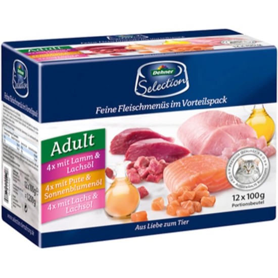 Dehner Premium Cat Food Multipack Wet Food for Adult Cats, 4 x Lamb, Turkey, Salmon, 12 x 100 g Bags (1.2 kg) Dehner Premium Cat Food Multipack Wet Food for Adult Cats, 4 x Lamb, Turkey, Salmon, 12 x 100 g Bags (1.2 kg)