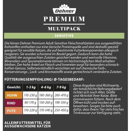 Dehner Premium Cat Food Sensitive Multipack, Wet Food, for Nutrition-Sensitive Cats, 4 x Chicken/Beef/Turkey, 12 x 100 g Bags (1.2 kg) Dehner Premium Cat Food Sensitive Multipack, Wet Food, for Nutrition-Sensitive Cats, 4 x Chicken/Beef/Turkey, 12 x 100 g Bags (1.2 kg)