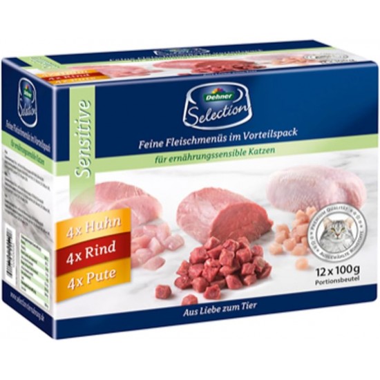 Dehner Premium Cat Food Sensitive Multipack, Wet Food, for Nutrition-Sensitive Cats, 4 x Chicken/Beef/Turkey, 12 x 100 g Bags (1.2 kg) Dehner Premium Cat Food Sensitive Multipack, Wet Food, for Nutrition-Sensitive Cats, 4 x Chicken/Beef/Turkey, 12 x 100 g Bags (1.2 kg)