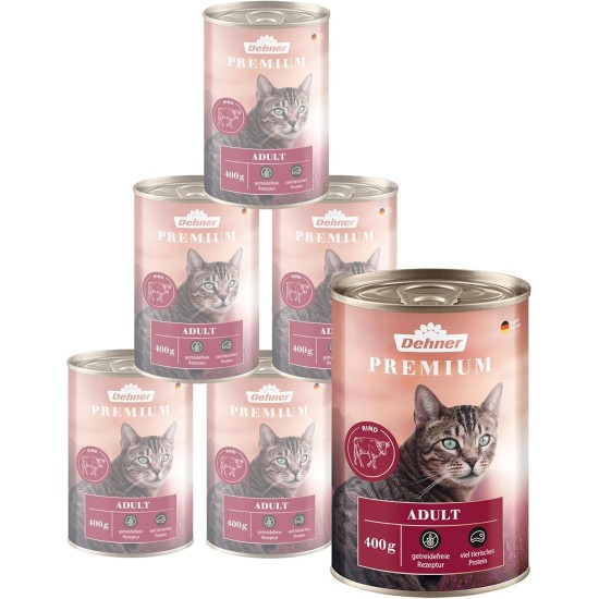 Dehner Premium Cat Food, Wet Food, Grain-Free, for Adult Cats, Beef, 6 x 400 g Tin (2.4 kg) Dehner Premium Cat Food, Wet Food, Grain-Free, for Adult Cats, Beef, 6 x 400 g Tin (2.4 kg)