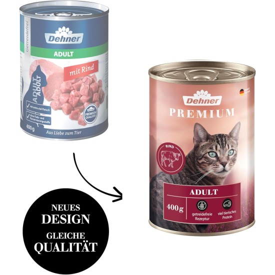 Dehner Premium Cat Food, Wet Food, Grain-Free, for Adult Cats, Beef, 6 x 400 g Tin (2.4 kg) Dehner Premium Cat Food, Wet Food, Grain-Free, for Adult Cats, Beef, 6 x 400 g Tin (2.4 kg)