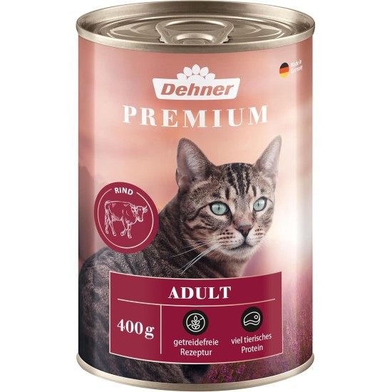 Dehner Premium Cat Food, Wet Food, Grain-Free, for Adult Cats, Beef, 6 x 400 g Tin (2.4 kg) Dehner Premium Cat Food, Wet Food, Grain-Free, for Adult Cats, Beef, 6 x 400 g Tin (2.4 kg)