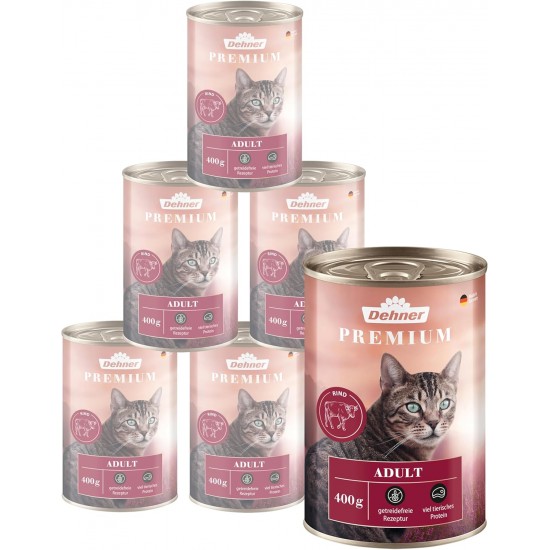 Dehner Premium Cat Food, Wet Food, Grain-Free, for Adult Cats, Beef, 6 x 400 g Tin (2.4 kg) Dehner Premium Cat Food, Wet Food, Grain-Free, for Adult Cats, Beef, 6 x 400 g Tin (2.4 kg)