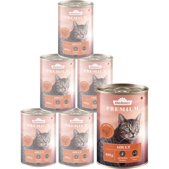 Dehner Premium Cat Food, Wet Food, Grain Free, for Adult Cats, Poultry, 6 x 400 g Tubs (2.4 kg) Dehner Premium Cat Food, Wet Food, Grain Free, for Adult Cats, Poultry, 6 x 400 g Tubs (2.4 kg)