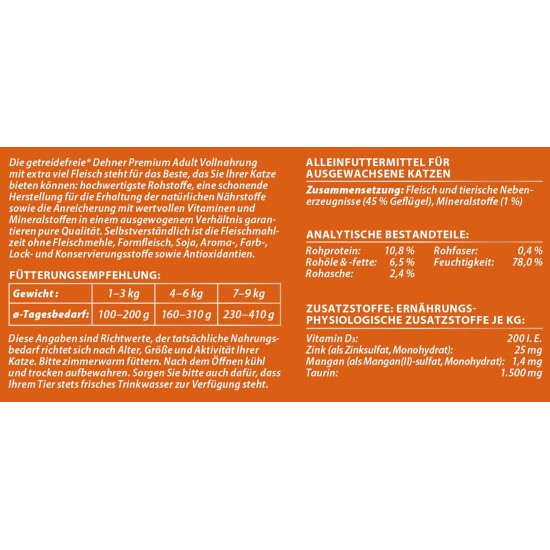 Dehner Premium Cat Food, Wet Food, Grain Free, for Adult Cats, Poultry, 6 x 400 g Tubs (2.4 kg) Dehner Premium Cat Food, Wet Food, Grain Free, for Adult Cats, Poultry, 6 x 400 g Tubs (2.4 kg)