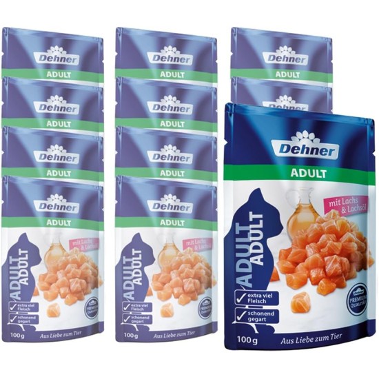 Dehner Premium Cat Food, Wet Food, Grain Free, for Adult Cats, Salmon, 12 x 100 g Bags (1.2 kg) Dehner Premium Cat Food, Wet Food, Grain Free, for Adult Cats, Salmon, 12 x 100 g Bags (1.2 kg)