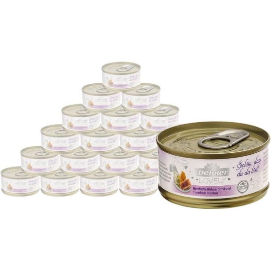 Dehner Premium Lovely Cat Food Wet Food Gluten Free Adult Cat Tuna Rice 24 x 70g Tin (1.68kg) Dehner Premium Lovely Cat Food Wet Food Gluten Free Adult Cat Tuna Rice 24 x 70g Tin (1.68kg)