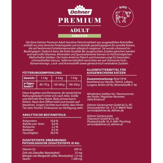 Dehner Premium Sensitive Cat Food, Wet Food, Grain Free, for Adult Nutritionally Sensitive Cats, Chicken, 12 x 100 g Bags (1.2 kg) Dehner Premium Sensitive Cat Food, Wet Food, Grain Free, for Adult Nutritionally Sensitive Cats, Chicken, 12 x 100 g Bags (1.2 kg)