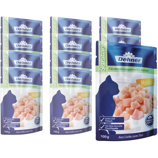 Dehner Premium Sensitive Cat Food, Wet Food, Grain Free, for Adult Nutritionally Sensitive Cats, Chicken, 12 x 100 g Bags (1.2 kg) Dehner Premium Sensitive Cat Food, Wet Food, Grain Free, for Adult Nutritionally Sensitive Cats, Chicken, 12 x 100 g Bags (1.2 kg)