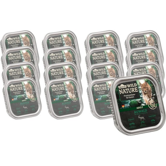 Dehner Wild Nature Auwald Cat Food, Wet Food, Grain-Free, for Adult Cats, Deer/Turkey, 16 x 100 g Bowl (1.6 kg) Dehner Wild Nature Auwald Cat Food, Wet Food, Grain-Free, for Adult Cats, Deer/Turkey, 16 x 100 g Bowl (1.6 kg)