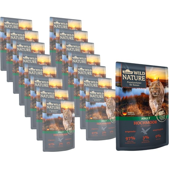 Dehner Wild Nature Cat Food, High Moor, Wet Food, Grain-Free / Sugar-Free, for Adult Cats, Duck/Turkey, 16 x 85 g Bags (1.36 kg) Dehner Wild Nature Cat Food, High Moor, Wet Food, Grain-Free / Sugar-Free, for Adult Cats, Duck/Turkey, 16 x 85 g Bags (1.36 kg)