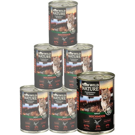 Dehner Wild Nature Cat Food, High Moor, Wet Food, Grain-Free, for Adult Cats, Duck/Turkey, 6 x 200 g Tin (1.2 kg) Dehner Wild Nature Cat Food, High Moor, Wet Food, Grain-Free, for Adult Cats, Duck/Turkey, 6 x 200 g Tin (1.2 kg)