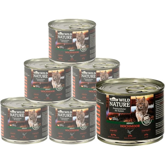 Dehner Wild Nature Cat Food, High Moor, Wet Food, Grain-Free, for Adult Cats, Duck/Turkey, 6 x 200 g Tin (1.2 kg) Dehner Wild Nature Cat Food, High Moor, Wet Food, Grain-Free, for Adult Cats, Duck/Turkey, 6 x 200 g Tin (1.2 kg)