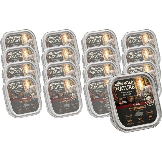 Dehner Wild Nature Cat Food, Undergrowth, Wet Food, Grain-Free / Sugar-Free, for Older Cats, Wild Boar, 16 x 100 g Bowl (1.6 kg) Dehner Wild Nature Cat Food, Undergrowth, Wet Food, Grain-Free / Sugar-Free, for Older Cats, Wild Boar, 16 x 100 g Bowl (1.6 kg)